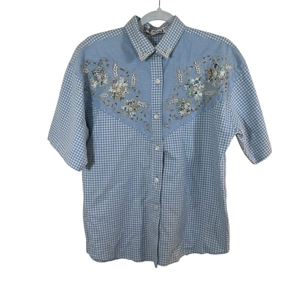 Jane Ashley Western Blue Checked Button Up Blouse W/Beads & Embroidery.  Size M
